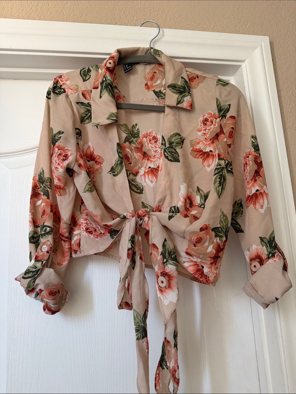 Forever 21 Blush Floral Tie-Front Blouse with Coral Roses